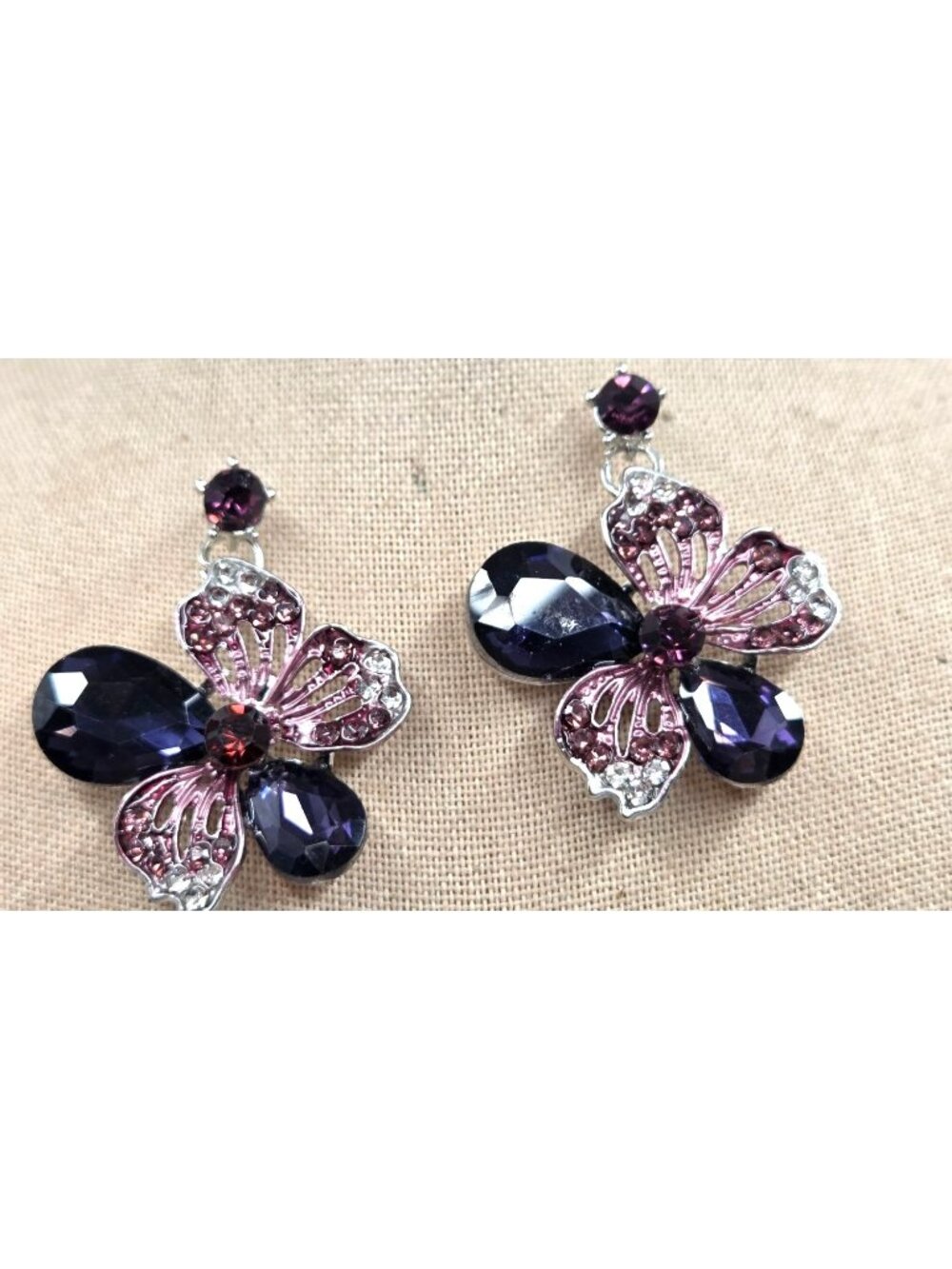 Purple & Pink Rhinestone Butterfly Drop Earrings With Silver-Tone Backing